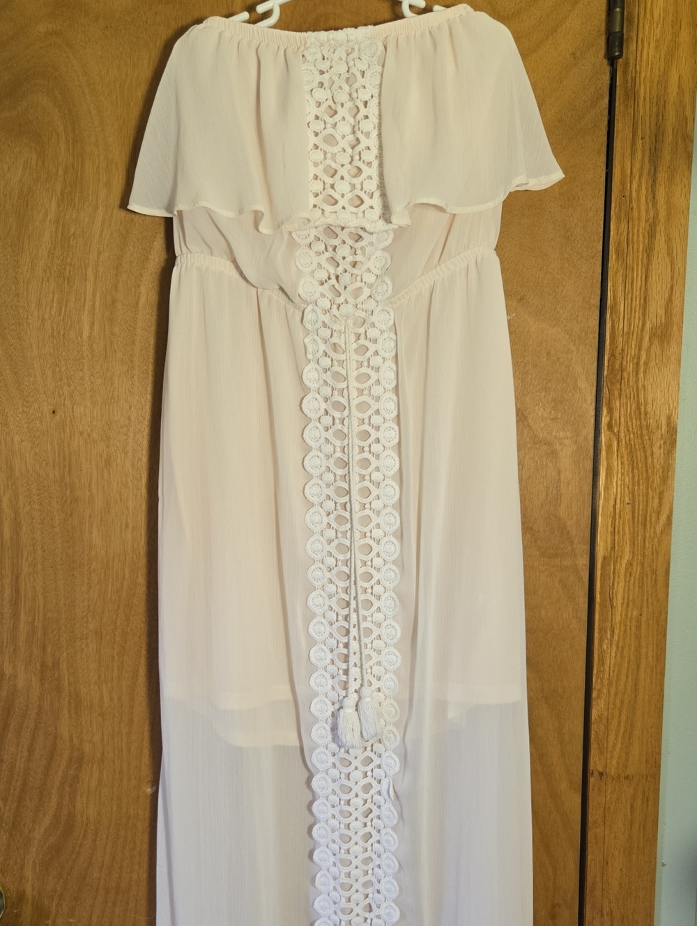 No Boundaries Strapless Crochet-Trim Mini Lined Maxi Dress in Light Pink